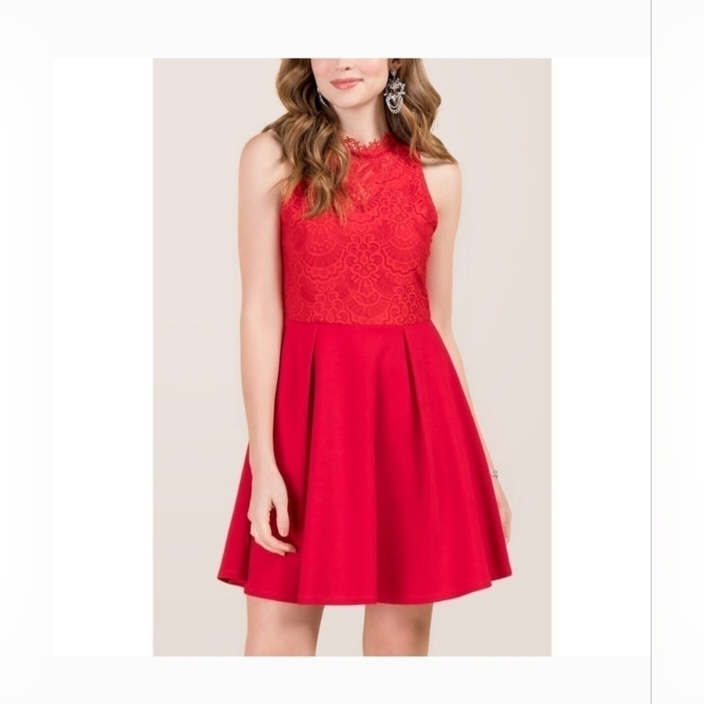 Francescas Colleen Red High Neck Lace Pleated Dress Medium Midi A-Line